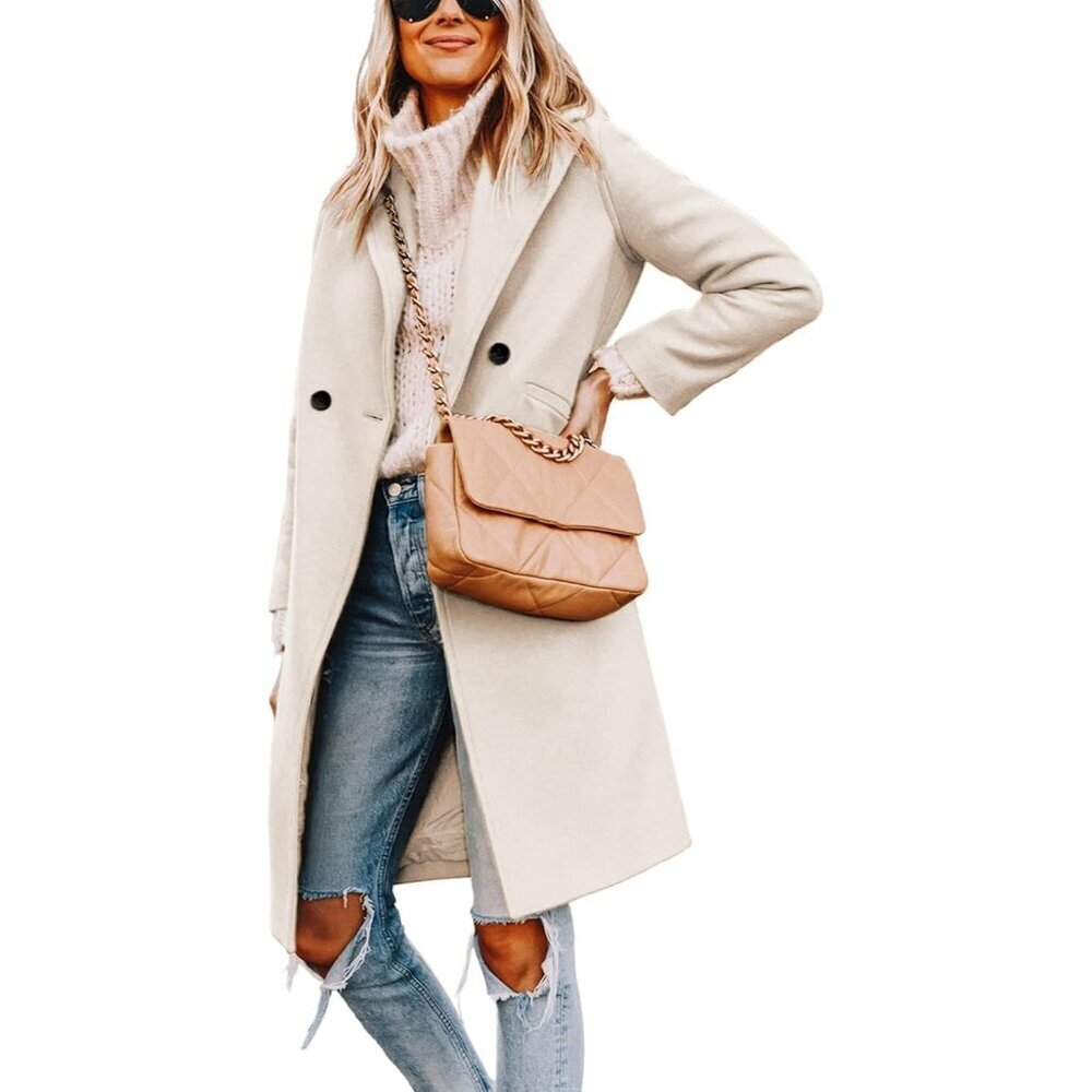 🆕Women's Beige Winter Wool Coat Casual Notch Lapel Single-Breasted Peacoat